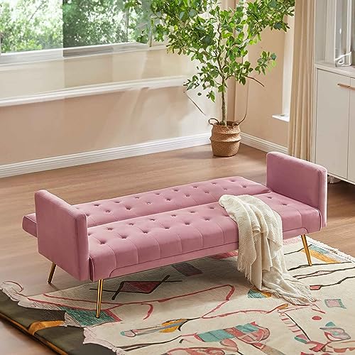 RIDFY 70” Modern Velvet Futon Sofa Bed, Convertible Sleeper Couch with Metal Legs/Armrests, Folding Upholstered Loveseat, 3 Adjustable, Memory Foam Living Seat, Recliner Sofa (Pink)