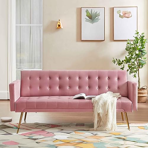 RIDFY 70” Modern Velvet Futon Sofa Bed, Convertible Sleeper Couch with Metal Legs/Armrests, Folding Upholstered Loveseat, 3 Adjustable, Memory Foam Living Seat, Recliner Sofa (Pink)