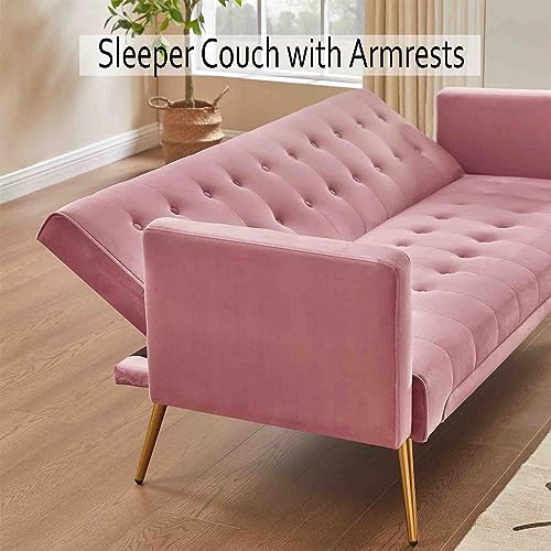RIDFY 70” Modern Velvet Futon Sofa Bed, Convertible Sleeper Couch with Metal Legs/Armrests, Folding Upholstered Loveseat, 3 Adjustable, Memory Foam Living Seat, Recliner Sofa (Pink)