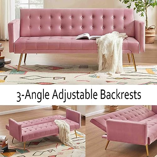 RIDFY 70” Modern Velvet Futon Sofa Bed, Convertible Sleeper Couch with Metal Legs/Armrests, Folding Upholstered Loveseat, 3 Adjustable, Memory Foam Living Seat, Recliner Sofa (Pink)