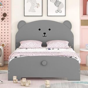 quarte cute full size platform bed with bear-shaped headboard and footboard, wooden bed frame for bedroom,no box spring required (gray/bear*w)