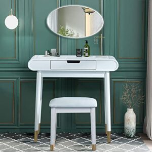 Wollmix White Makeup Vanity Set with Chair, Rental MDF Wooden Simple Economic Dressing Table Makeup Table for Girl Women, High Gloss Finish Dressing Table with Chair,Without Mirror