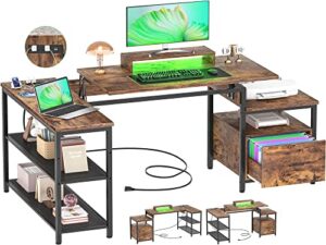 aheaplus l shaped desk with power outlet, standing home office desk with lift top and file drawer, 63'' reversible corner computer desk with monitor stand, gaming desk with led lights, rustic brown