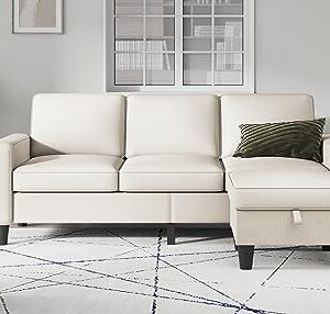 Lonkwa Convertible Sectional Sofa Couch, Beige Couches for Living Room, Sectional Couch with Reversible Storage Ottoman, 3-Seat L-Shaped Couch for Living Room, Apartment, Office, Small Space