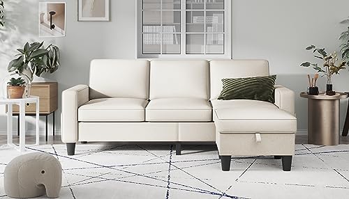 Lonkwa Convertible Sectional Sofa Couch, Beige Couches for Living Room, Sectional Couch with Reversible Storage Ottoman, 3-Seat L-Shaped Couch for Living Room, Apartment, Office, Small Space