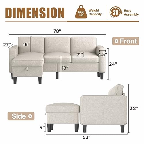 Lonkwa Convertible Sectional Sofa Couch, Beige Couches for Living Room, Sectional Couch with Reversible Storage Ottoman, 3-Seat L-Shaped Couch for Living Room, Apartment, Office, Small Space