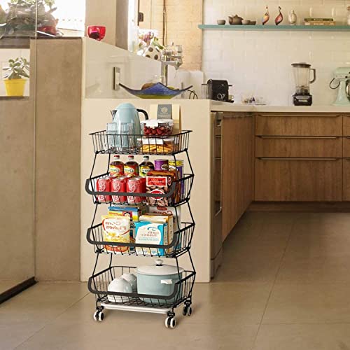 Loyaltaling Utility Cart, Kitchen Storage Cart Fruit Vegetable Storage Basket for Kitchen 4 Tier Stackable Metal Wire Baskets Cart with Rolling Wheels Utility Fruits Rack Produce Snack Organizer Bins