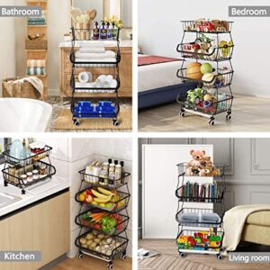 Loyaltaling Utility Cart, Kitchen Storage Cart Fruit Vegetable Storage Basket for Kitchen 4 Tier Stackable Metal Wire Baskets Cart with Rolling Wheels Utility Fruits Rack Produce Snack Organizer Bins