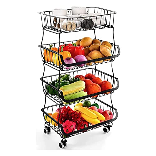 Loyaltaling Utility Cart, Kitchen Storage Cart Fruit Vegetable Storage Basket for Kitchen 4 Tier Stackable Metal Wire Baskets Cart with Rolling Wheels Utility Fruits Rack Produce Snack Organizer Bins