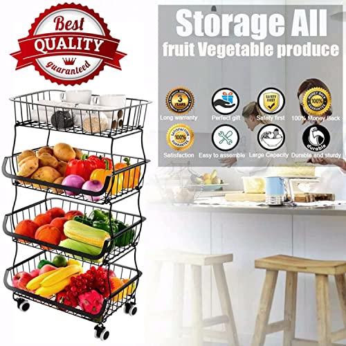 Loyaltaling Utility Cart, Kitchen Storage Cart Fruit Vegetable Storage Basket for Kitchen 4 Tier Stackable Metal Wire Baskets Cart with Rolling Wheels Utility Fruits Rack Produce Snack Organizer Bins