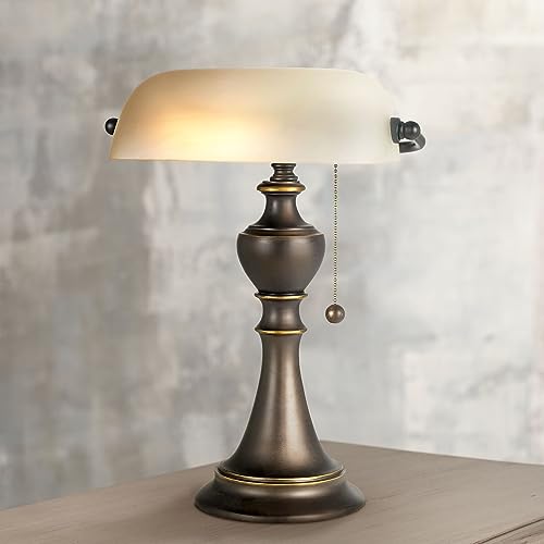 LAYSSA Traditional Table Lamp 16" High Bronze Metal Alabaster Glass Shade for Bedroom Living Room Bedside Office