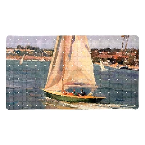 Non Slip Bathtub Mats with Suction Cups, Bath Tub Shower Mat for Bathroom, Machine Washable Bathroom Mats with Drain Holes(Oil Painting Sailboat)