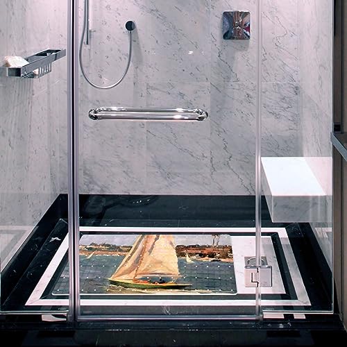 Non Slip Bathtub Mats with Suction Cups, Bath Tub Shower Mat for Bathroom, Machine Washable Bathroom Mats with Drain Holes(Oil Painting Sailboat)