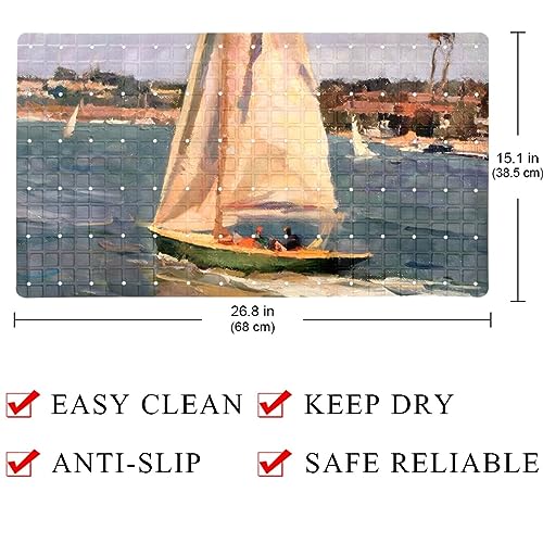 Non Slip Bathtub Mats with Suction Cups, Bath Tub Shower Mat for Bathroom, Machine Washable Bathroom Mats with Drain Holes(Oil Painting Sailboat)