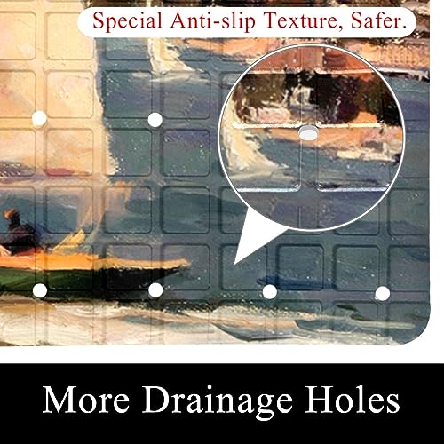 Non Slip Bathtub Mats with Suction Cups, Bath Tub Shower Mat for Bathroom, Machine Washable Bathroom Mats with Drain Holes(Oil Painting Sailboat)