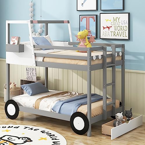 P PURLOVE Car Shaped Bunk Bed Twin Over Twin with Wheels and Shelves, Bunk Bed Frame with Ladder and Drawer, Wooden Bunk Bed for Boys, Girls and Young Teens, No Box Spring Needed (Gray)