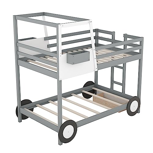 P PURLOVE Car Shaped Bunk Bed Twin Over Twin with Wheels and Shelves, Bunk Bed Frame with Ladder and Drawer, Wooden Bunk Bed for Boys, Girls and Young Teens, No Box Spring Needed (Gray)