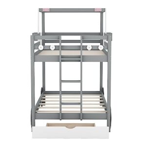 P PURLOVE Car Shaped Bunk Bed Twin Over Twin with Wheels and Shelves, Bunk Bed Frame with Ladder and Drawer, Wooden Bunk Bed for Boys, Girls and Young Teens, No Box Spring Needed (Gray)