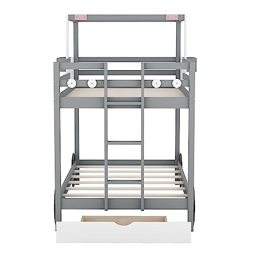P PURLOVE Car Shaped Bunk Bed Twin Over Twin with Wheels and Shelves, Bunk Bed Frame with Ladder and Drawer, Wooden Bunk Bed for Boys, Girls and Young Teens, No Box Spring Needed (Gray)