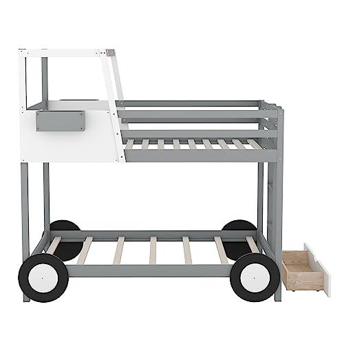 P PURLOVE Car Shaped Bunk Bed Twin Over Twin with Wheels and Shelves, Bunk Bed Frame with Ladder and Drawer, Wooden Bunk Bed for Boys, Girls and Young Teens, No Box Spring Needed (Gray)