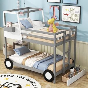 P PURLOVE Car Shaped Bunk Bed Twin Over Twin with Wheels and Shelves, Bunk Bed Frame with Ladder and Drawer, Wooden Bunk Bed for Boys, Girls and Young Teens, No Box Spring Needed (Gray)