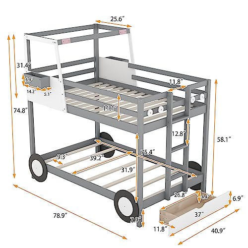 P PURLOVE Car Shaped Bunk Bed Twin Over Twin with Wheels and Shelves, Bunk Bed Frame with Ladder and Drawer, Wooden Bunk Bed for Boys, Girls and Young Teens, No Box Spring Needed (Gray)