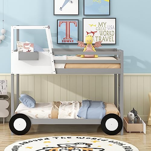 P PURLOVE Car Shaped Bunk Bed Twin Over Twin with Wheels and Shelves, Bunk Bed Frame with Ladder and Drawer, Wooden Bunk Bed for Boys, Girls and Young Teens, No Box Spring Needed (Gray)