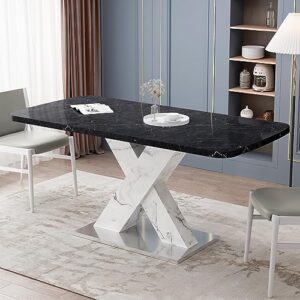 63'' modern stretchable kitchen table for 4-6 seats, space-saving expandable dining table with black marble veneer table top+mdf white x-shape table leg with metal base for dining room living room