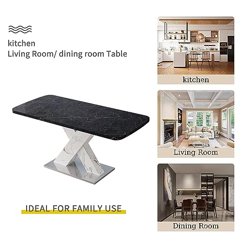 63'' Modern Stretchable Kitchen Table for 4-6 Seats, Space-Saving Expandable Dining Table with Black Marble Veneer Table Top+MDF White X-Shape Table Leg with Metal Base for Dining Room Living Room