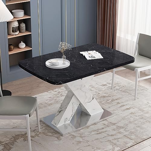 63'' Modern Stretchable Kitchen Table for 4-6 Seats, Space-Saving Expandable Dining Table with Black Marble Veneer Table Top+MDF White X-Shape Table Leg with Metal Base for Dining Room Living Room