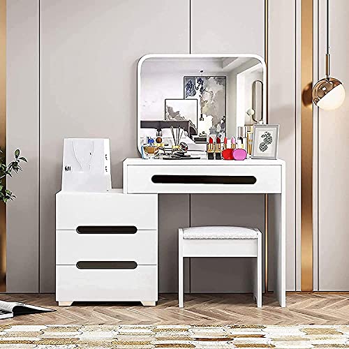 LEONYS Makeup Vanity Table, Vanity Set with Mirror & Sturdy Stool, Dressing Table, 4 Drawers & Bedside Table for Ample Storage (Size : 9OCM)