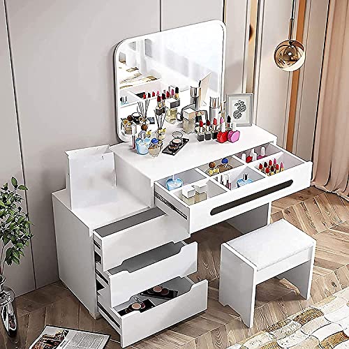 LEONYS Makeup Vanity Table, Vanity Set with Mirror & Sturdy Stool, Dressing Table, 4 Drawers & Bedside Table for Ample Storage (Size : 9OCM)