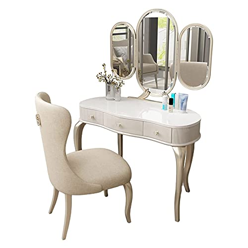 LEONYS Vanity Set with Cushioned Bench, Makeup Vanity Table with Tri-Folding Mirror, Dressing Table with 3 Drawers for Cosmetics Storage, White