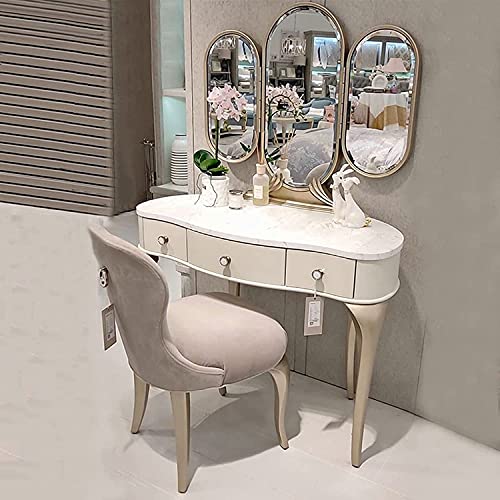 LEONYS Vanity Set with Cushioned Bench, Makeup Vanity Table with Tri-Folding Mirror, Dressing Table with 3 Drawers for Cosmetics Storage, White