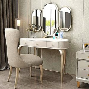 LEONYS Vanity Set with Cushioned Bench, Makeup Vanity Table with Tri-Folding Mirror, Dressing Table with 3 Drawers for Cosmetics Storage, White