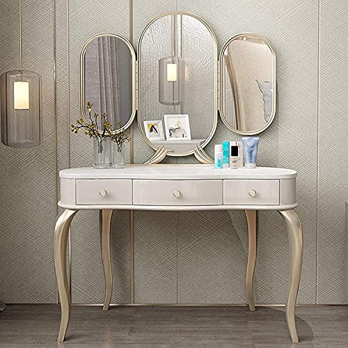 LEONYS Vanity Set with Cushioned Bench, Makeup Vanity Table with Tri-Folding Mirror, Dressing Table with 3 Drawers for Cosmetics Storage, White