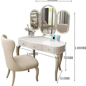 LEONYS Vanity Set with Cushioned Bench, Makeup Vanity Table with Tri-Folding Mirror, Dressing Table with 3 Drawers for Cosmetics Storage, White