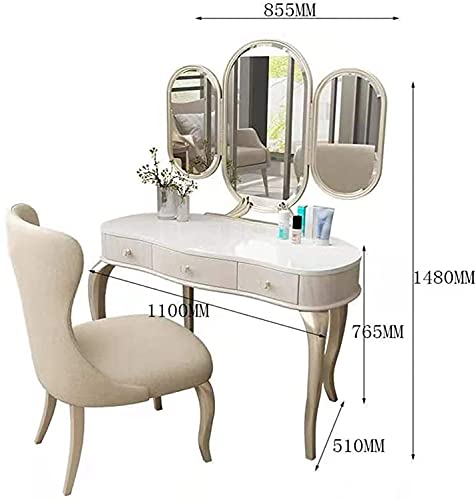 LEONYS Vanity Set with Cushioned Bench, Makeup Vanity Table with Tri-Folding Mirror, Dressing Table with 3 Drawers for Cosmetics Storage, White