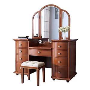leonys makeup vanity table set with round mirror, built-in led light, dressing desk with 9 drawers and cushioned stool for bedroom, for women (color : brown)
