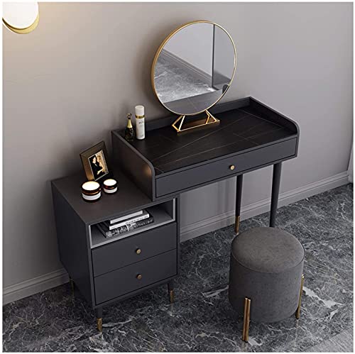 LEONYS Vanity Makeup Set with 3 Drawers, Dressing Table with Mirror and Cushioned Stool, Makeup Desk, Solid Wood Legs