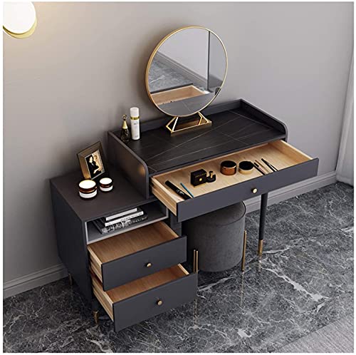 LEONYS Vanity Makeup Set with 3 Drawers, Dressing Table with Mirror and Cushioned Stool, Makeup Desk, Solid Wood Legs