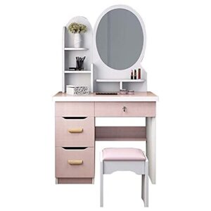 leonys makeup vanity desk with rounded mirror, 3 drawers, vanity set with upholstered stool, for bathroom, bedroom, girls vanity for gift (color : pink)