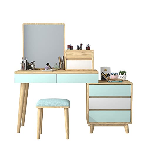 LEONYS Vanity Set with Mirror, Makeup Vanity Dressing Table, 6 Drawers Dresser Desk and Cushioned Stool Set (Color : Green)