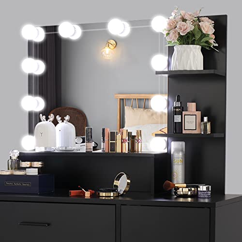Large Vanity Set with 10 LED Bulbs Makeup Table with Cushioned Stool Makeup Desk with Open Storage Shelves Vanity Table with Cabinet Drawer Chest Dressing Table for Women Girls
