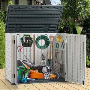 Zevemomo Resin Outdoor Storage Shed, All-Weather Horizontal Tool Shed w/o Shelf, Multi-Opening Door, Reinforced Floor, Lockable, 35 Cu.ft Capacity for Bike, Garbage Cans, Lawn Mower, Garden Tools