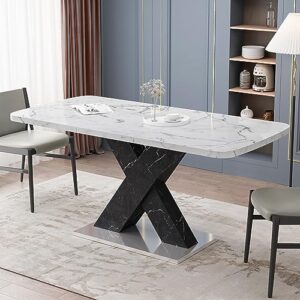 extendable marble dining table, stretchable 47.24"-62.99" dining room table with faux marble top&x-shape leg, expandable marble dining table for dining kitchen and office