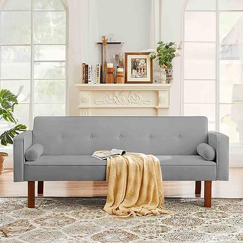 Mdhitsox 74.4 ” Modern Futon Sofa Bed, Convertible Sleeper Couch with Wood Legs/Armrests/2 Pillows, Folding Upholstered Recliner Loveseat, Memory Foam Living Seat for Apartment/Office/Dorms (Gray)