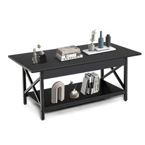 ifanny coffee table, 44" rectangle cocktail table with storage shelf, industrial accent table with metal frame & adjustable foot pads, wood center table for living room, home office (black)