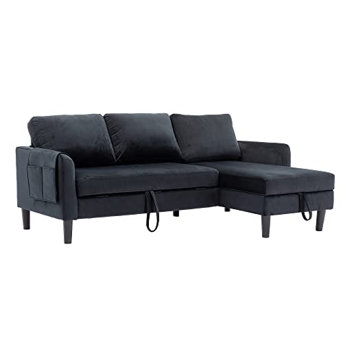 Eafurn L-Shaped Sectional Sofa w/Pull Out Bed & Storage Space,Comfy Sleeper Couch with Reversible Chaise, 3-seat Upholstered Convertible Corner Sofabed, Black Velvet 72.44"