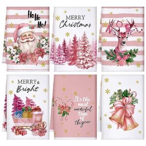 preboun 6 pcs christmas kitchen towels santa reindeer stripe dish towels christmas hand towels pink farmhouse tea towels for xmas kitchen bathroom decor